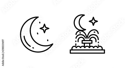 Crescent moon star icon and fountain water splash line art with fountain abstract minimalist creative geometry interface template crescent illustration astronomy decorative
