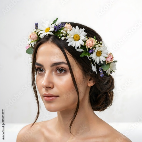 Young woman wearing a delicate floral crown made of daisies and roses against a plain white background