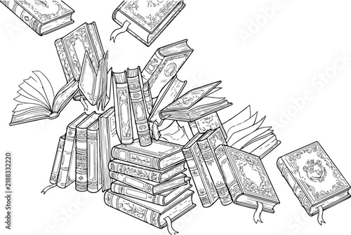 Vintage hand drawn books illustration, antique library sketch with flying old volumes, classic literature and education vector art