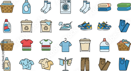 Set of laundry and clothing icons including washing machine, detergent, clothes basket, iron, and various garments