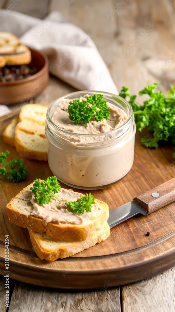 Obraz premium Würzige Pastete im Glas mit geröstetem Brot und Petersilie auf Holzbrett 