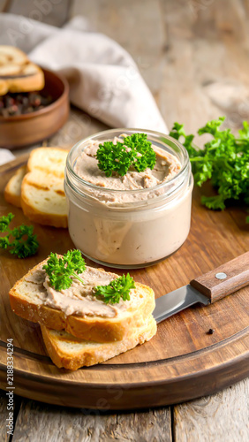 Würzige Pastete im Glas mit geröstetem Brot und Petersilie auf Holzbrett	