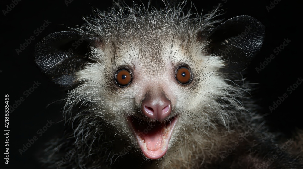 Obraz premium This close-up showcases the aye-aye lemur, a nocturnal primate from Madagascar, with its unique features and curious gaze, highlighting its status as an endangered animal