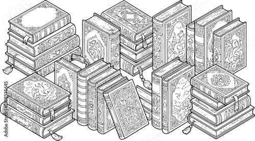 Vintage antique books collection, ornate leather bound book stacks, old library literature vector, classic hardback book set