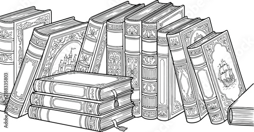 Vintage book collection vector, antique library bookshelf illustration, classic literature hardback books with ornate covers