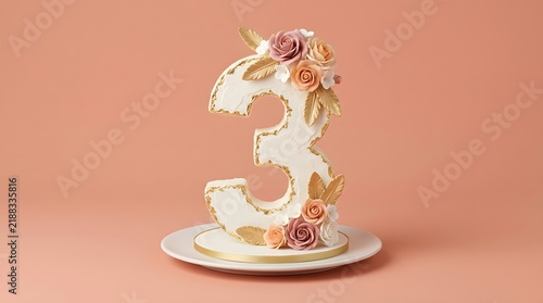 Number three cake decorated with floral frosting on a white plate