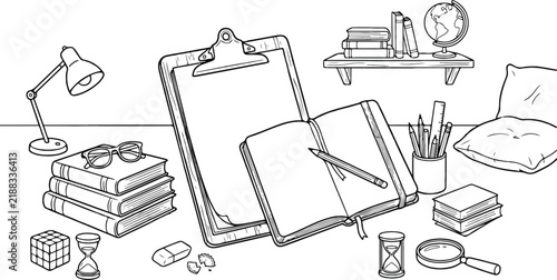 Hand drawn desk workspace illustration, school supplies and office stationery vector, minimalist study room line art background