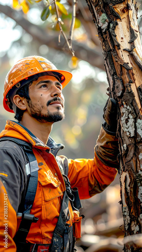 Fototapeta kuchenna Arborist inspecting damaged tree trunk during autumn maintenance