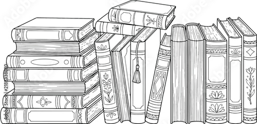 Vintage book collection line art, antique library stack vector illustration, hand drawn old books with decorative spines for coloring