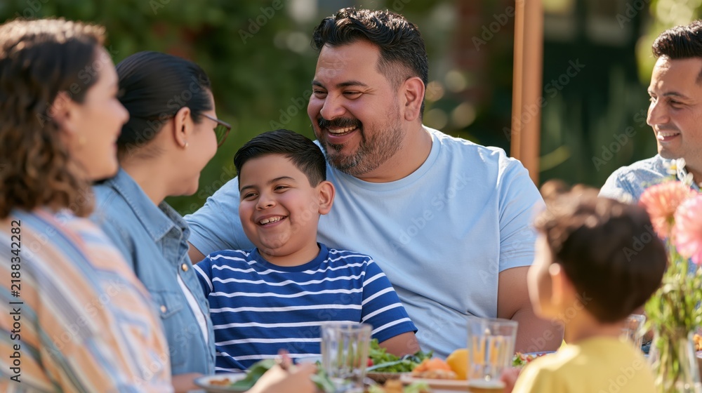 Obraz premium Happy multi-generational family enjoying a meal together outdoors