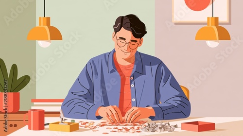 Man engrossed in completing a jigsaw puzzle alone at a table