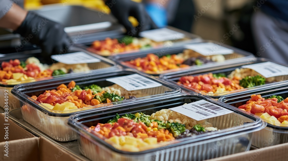 Obraz premium Prepared meals in plastic containers being organized and labeled for distribution