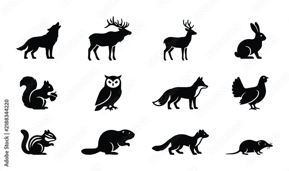 Obraz premium Forest Wildlife Icons Set, Woodland Animals Silhouettes Collection, Nature Fauna Vector Graphics