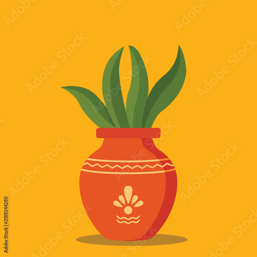 Flat vector illustration of a decorative terracotta pot with green tropical leaves, traditional folk ornament and warm vibrant colors on an orange background.