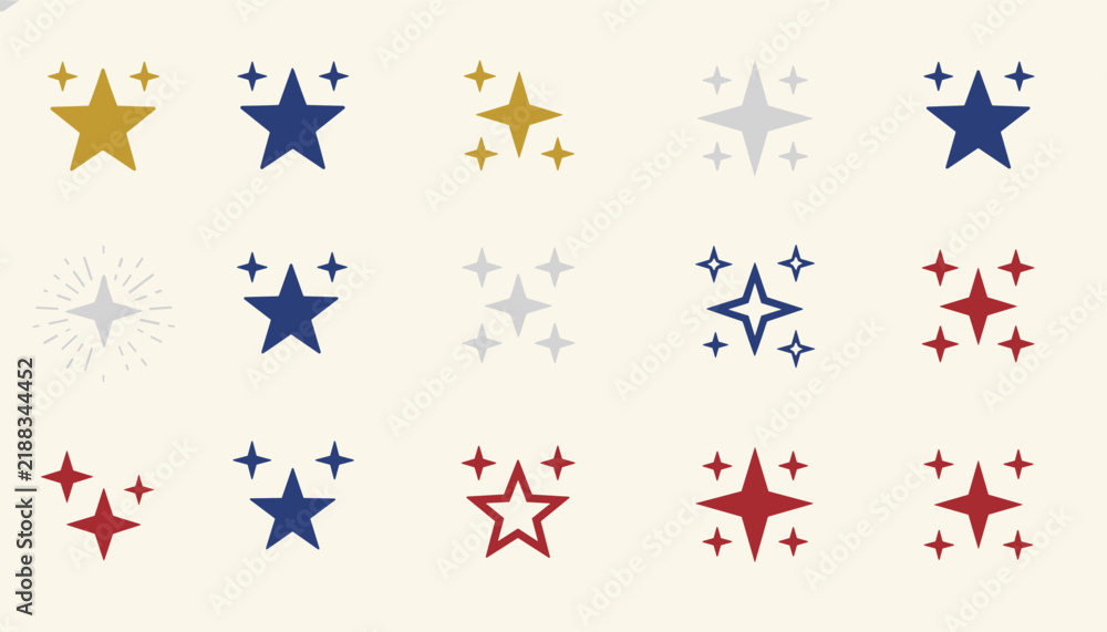 Fototapeta premium Grid of fifteen colorful star and sparkle icons of various shapes, sizes, and designs on a light cream background.