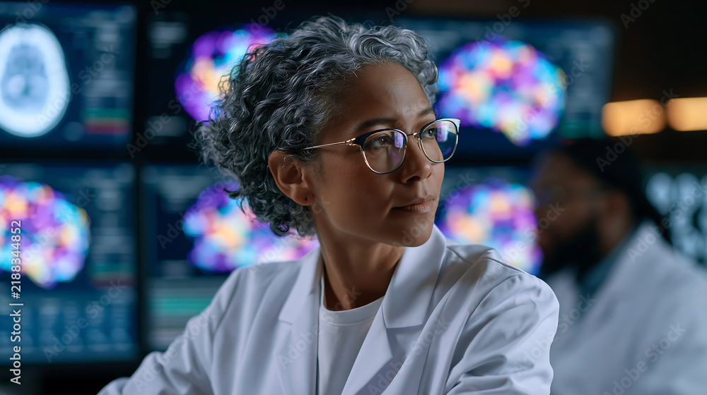 Obraz premium young medical researcher studying neurological scan data on computer screens in a modern laboratory