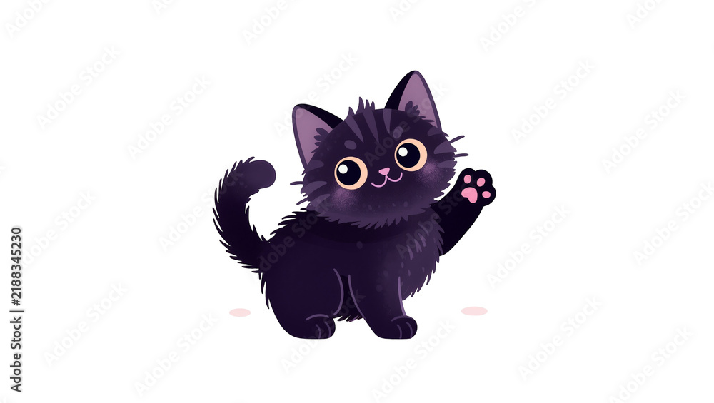 Fototapeta premium Cute fluffy black kitten waving paw, isolated on transparent background