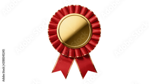 Fotografía Shiny gold medal rosette with red ribbon, isolated on transparent background