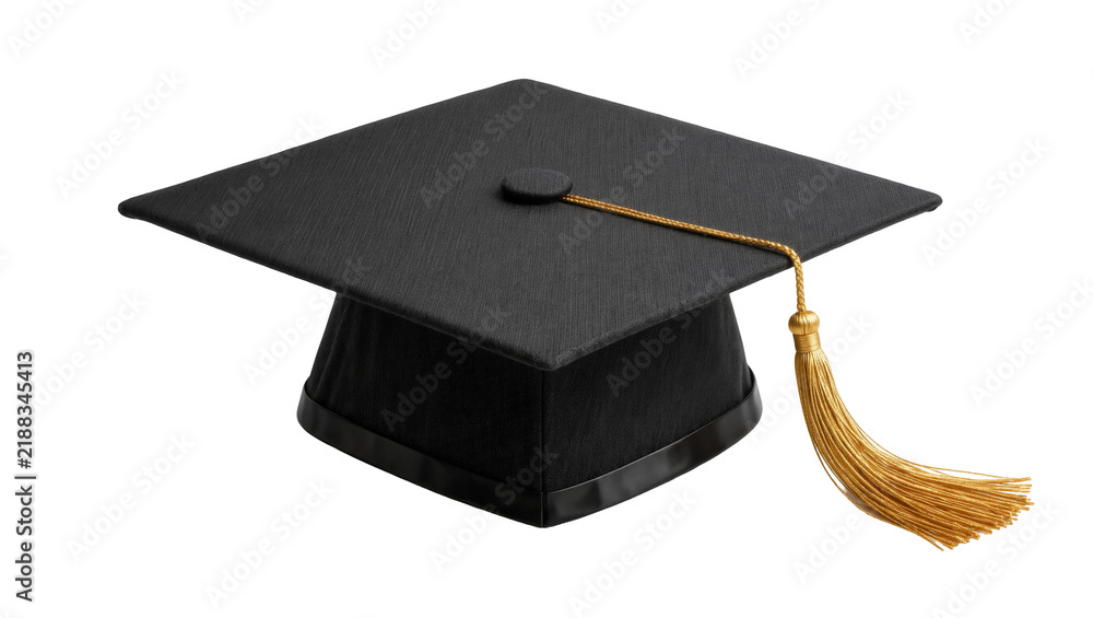 Obraz premium Black graduation cap with golden tassel, isolated on transparent background
