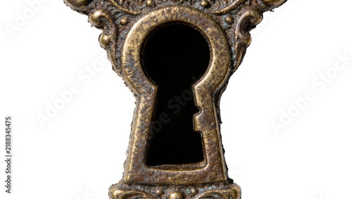 Foto Ornate antique brass keyhole with intricate scrollwork, isolated on transparent