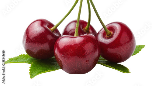 Фотография Four ripe dark red cherries with green stems and leaves, isolated on transparent