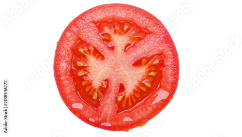 Obraz na plátně Juicy red tomato slice with visible seeds and pulp, isolated on transparent back