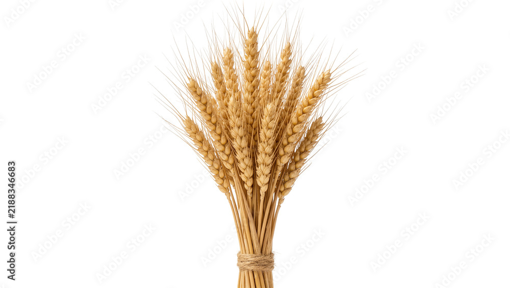 Fototapeta premium Bundle of golden wheat stalks tied with twine, isolated on transparent background
