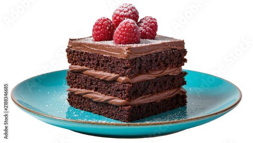 Foto Decadent chocolate cake with raspberry topping dusted with powdered sugar, isola