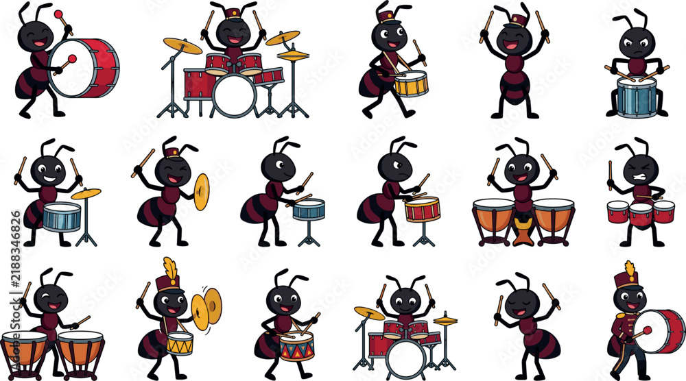 Obraz premium Set of cartoon ants playing various drums and percussion instruments