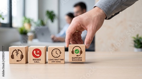 Customer service excellence concept with wooden blocks showing missed calls long wait times broken support and connected headset approval on a beige desk
