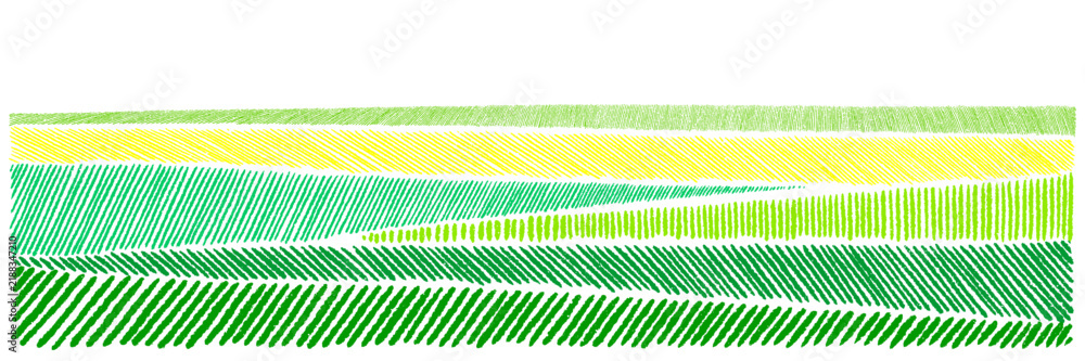Obraz premium Rolling green field abstract agricultural geometric pattern with textured grass. Vector bg perfect for organic farm design and countryside landscape banner. Hand drawn crayon horizontal poster