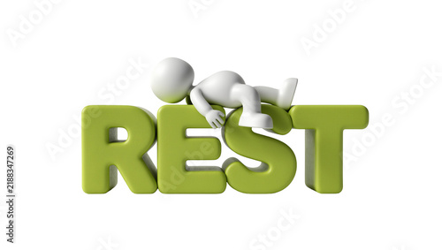 Foto White 3D figure resting on green 3D word REST, isolated on transparent backgroun