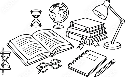 Educational line art vector of books and study tools. School supplies and library desk items. Minimalist black and white academic workspace illustration.