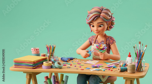 Crafting Dreams: A whimsical 3D illustration depicts a creative young woman diligently crafting with colorful paper, scissors, glue, and an assortment of art supplies laid out on a wooden table.