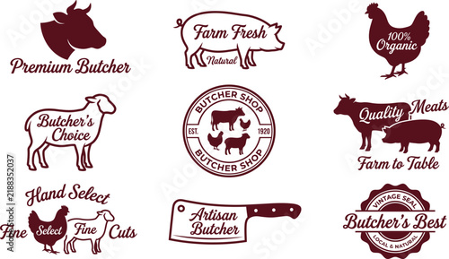 Vintage butcher shop logos, farm fresh meat labels set of 9 vectors, rustic organic livestock silhouettes for branding and packaging