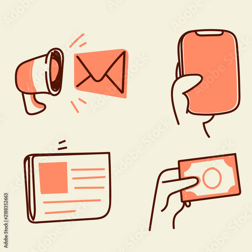 Hand drawn doodle illustration set featuring digital marketing and online payment concepts. Includes megaphone with envelope, hand holding smartphone, tapping screen, newspaper newsletter, wallet, and