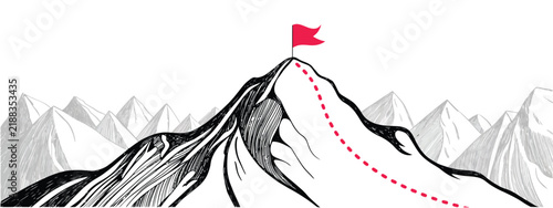 Mountain, climbing achievement icon featuring snowy summit, red flag, dotted path, black white line art and clean vector graphics.