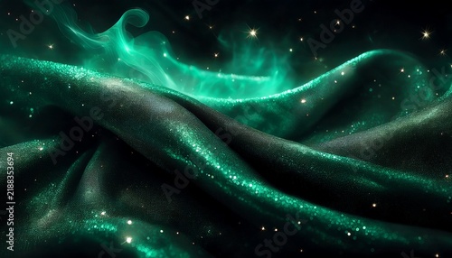 Black Glitter Fabric With Green Smoke And Stars Cosmic Dark Background With Galaxy Texture And Sparkle