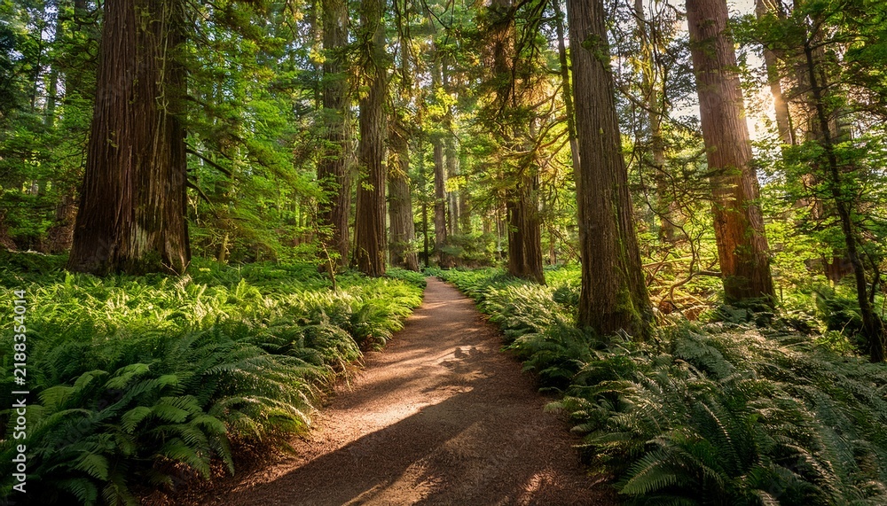 Fototapeta premium Walking Through A Tranquil Forest Path Surrounded By Tall Trees And Lush Greenery On A Sunny Day