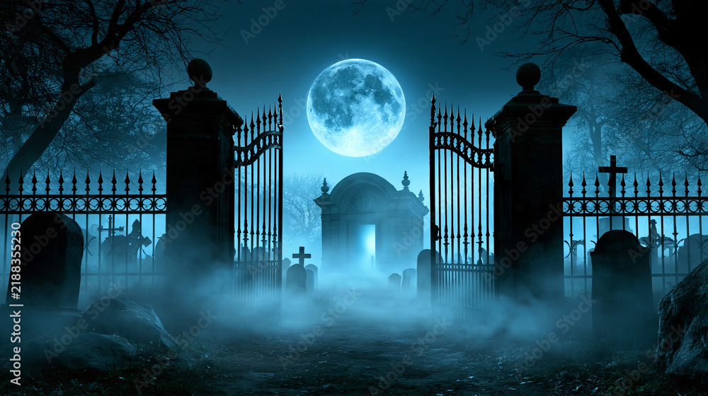 Naklejka premium Eerie cemetery gates under glowing full moon with spooky mist, haunted mausoleum, and tombstones in dark azure gothic landscape, ideal for Halloween themes or dark fantasy