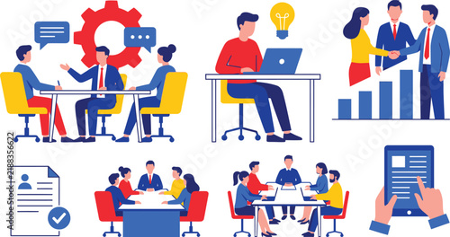 Business teamwork flat vector set, professional office meeting scenes, corporate collaboration and recruitment illustrations