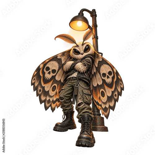 Punk Moth Character Under Street Lamp with Skull Pattern Wings Urban Fantasy Illustration