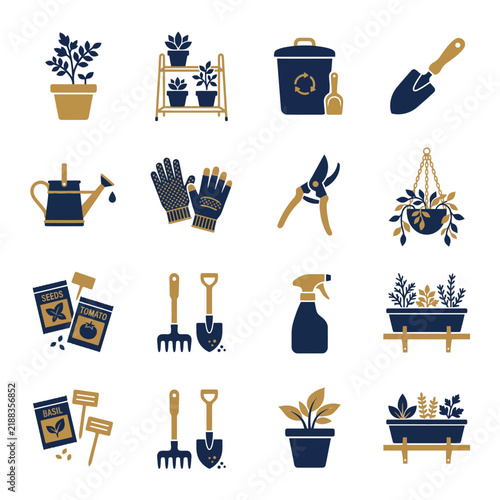 Gardening and Plant Care Icon Set - Watering Can, Gloves, Shovel, Planter Box