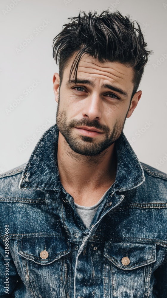 Obraz premium Male Fashion Model Portrait in Denim Jacket Photo. Fictional Character Created by Generative AI.