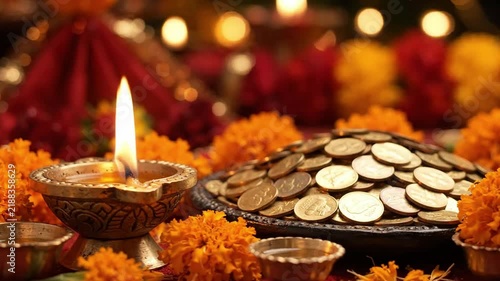 Dhanteras background with Diya and Gold Coins in Prosperous Light