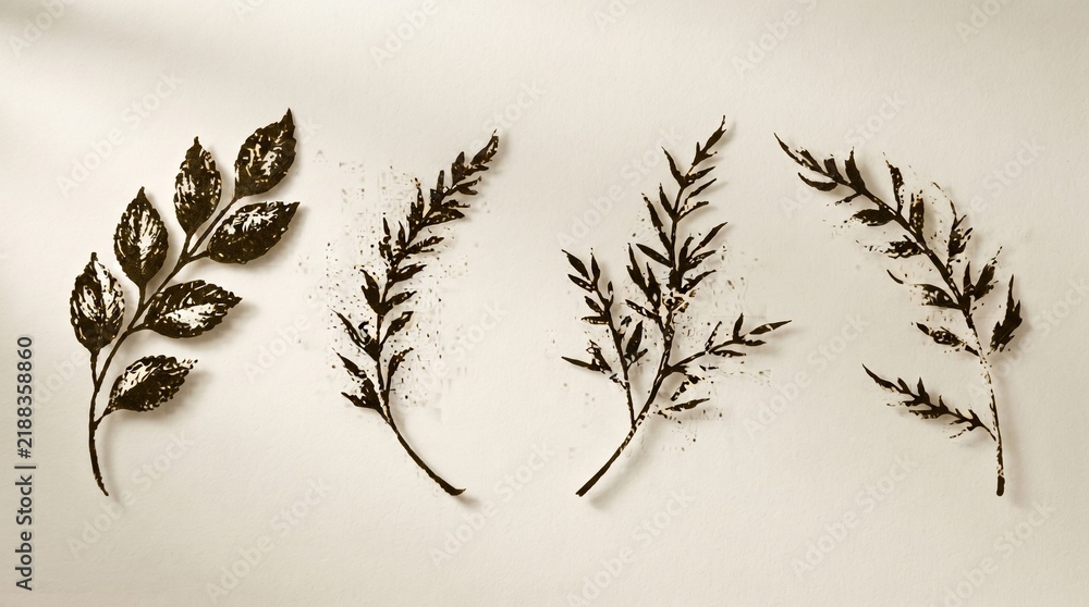 Fototapeta premium Set of four elegant dark metallic botanical leaf sprigs arranged horizontally on neutral cream paper background with generous copy space