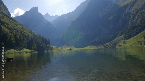Seealpsee mountain lake in Alpstein Switzerland during sunshine