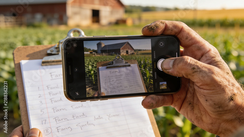 Hands hold a smartphone to capture data in a field during digital farming activities