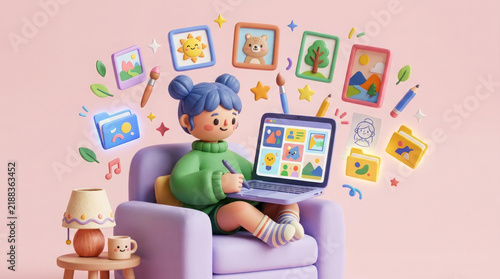 Creative World at Fingertips: A young digital artist, with a cheerful demeanor and playful hair buns, uses a laptop to bring her vibrant imagination to life.