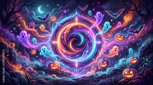 Spooky halloween magic portal with glowing swirling energy ghosts bats and jack-o-lanterns background